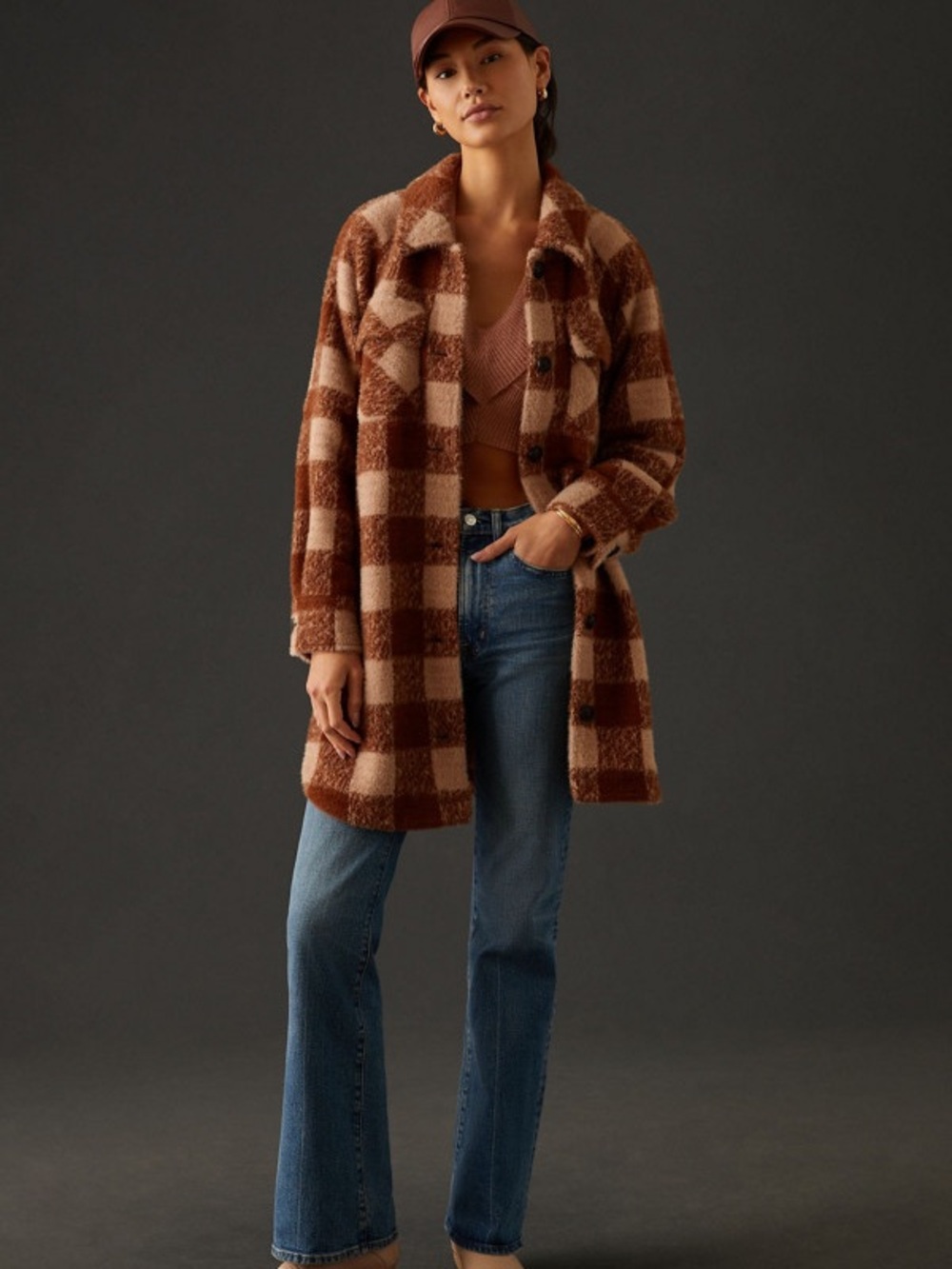 Anthropologie Checked Faux-Shearling Shacket Jacket in Brown/Cream